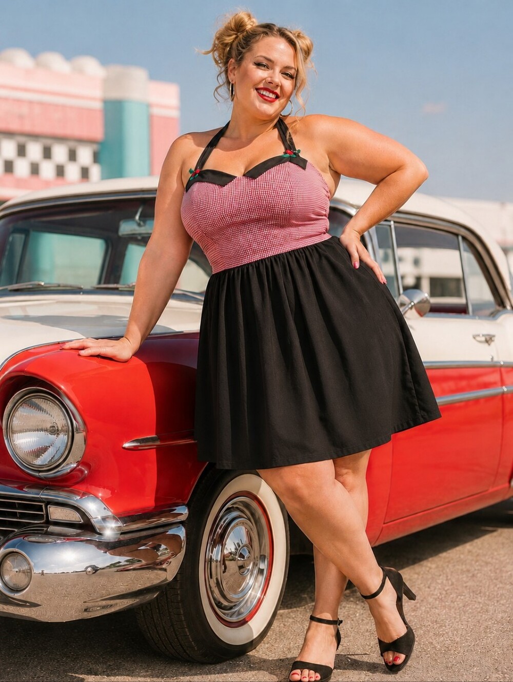 Rock Steady Vintage-Inspired Plus Size 1x: Red Gingham & Black Halter Dress